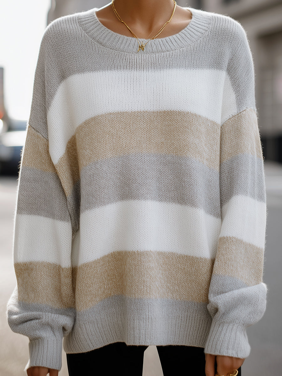 Beige And Grey Striped Oversized Knit Sweater