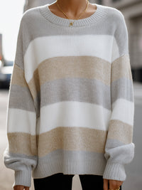 Beige And Grey Striped Oversized Knit Sweater