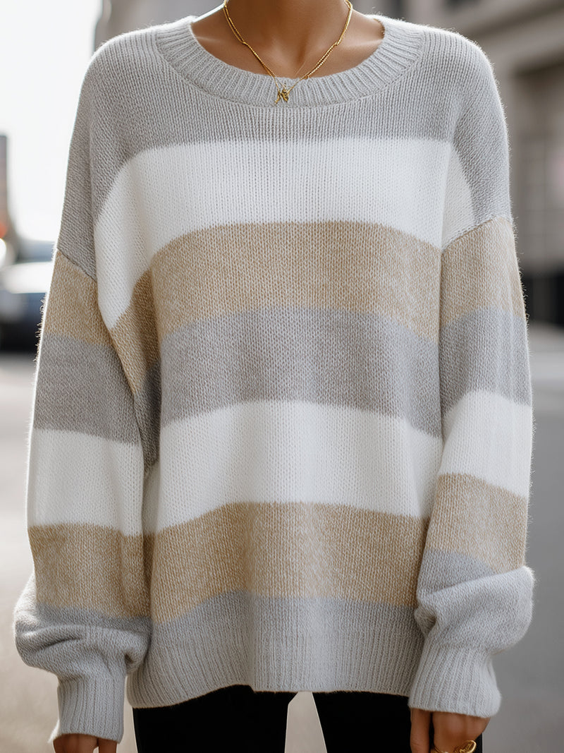 Beige And Grey Striped Oversized Knit Sweater