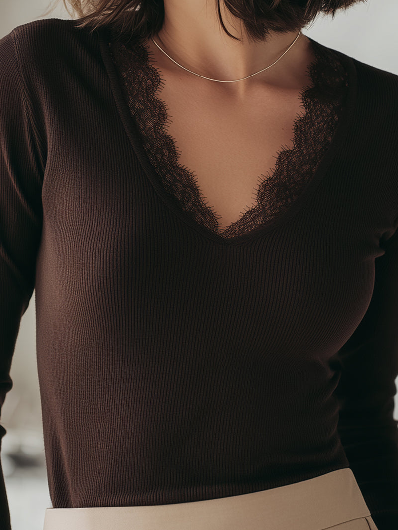 Lace-Trimmed Ribbed Long Sleeve Top