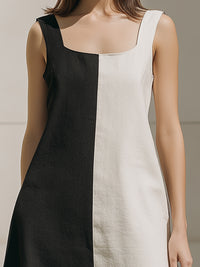 Two-Tone Column Panel Square-Neck Midi Dress