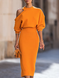 One-Shoulder Knit Top & Ribbed Midi Skirt Set