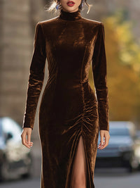High-Neck Chocolate Velvet Gown With Ruched Slit