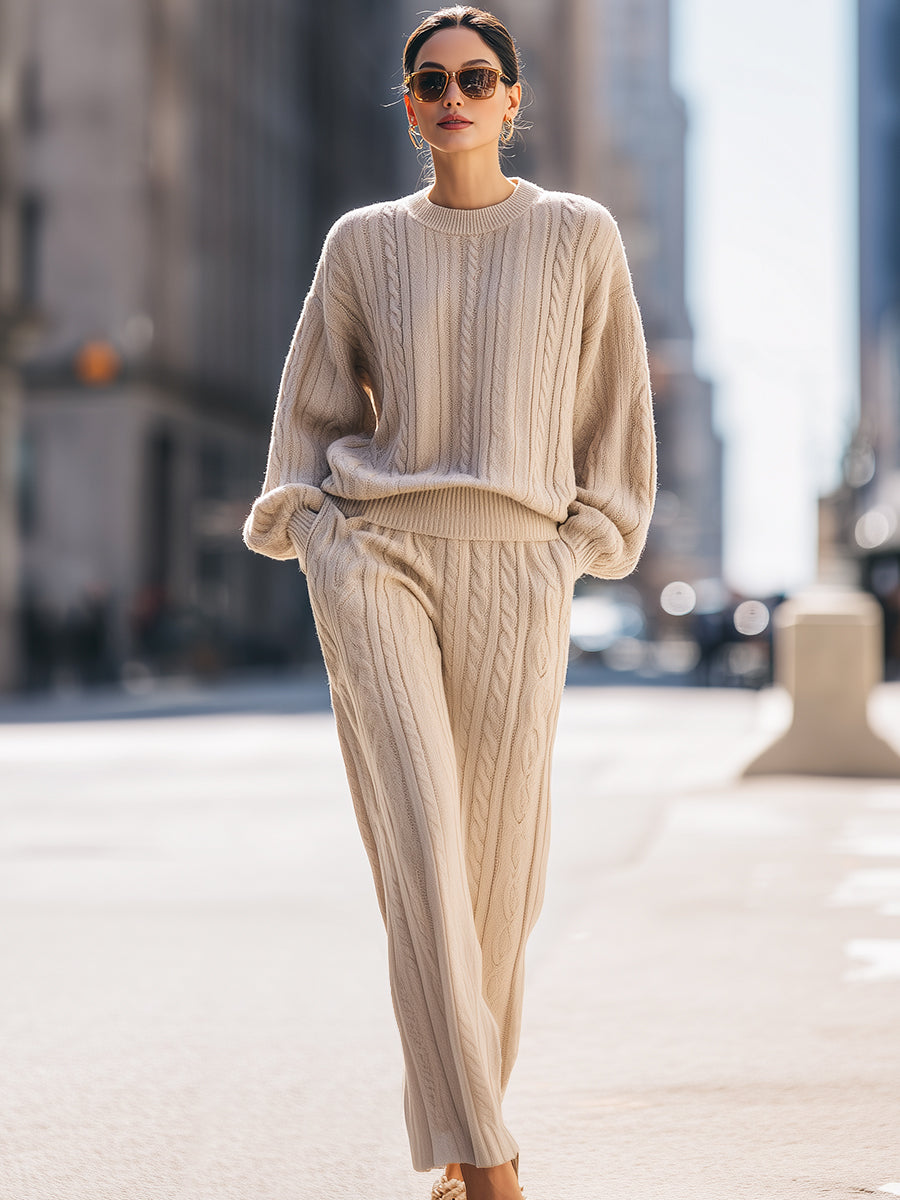 Beige Cable-Knit Lounge Set