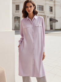 Longline Button-Front Shirt Dress With Utility Pockets
