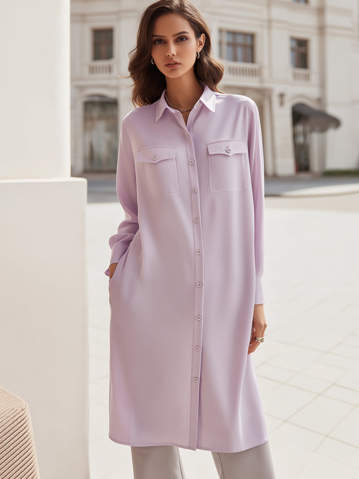 Longline Button-Front Shirt Dress With Utility Pockets