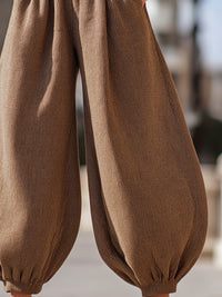 Brown Textured High-Waisted Drawstring Trousers