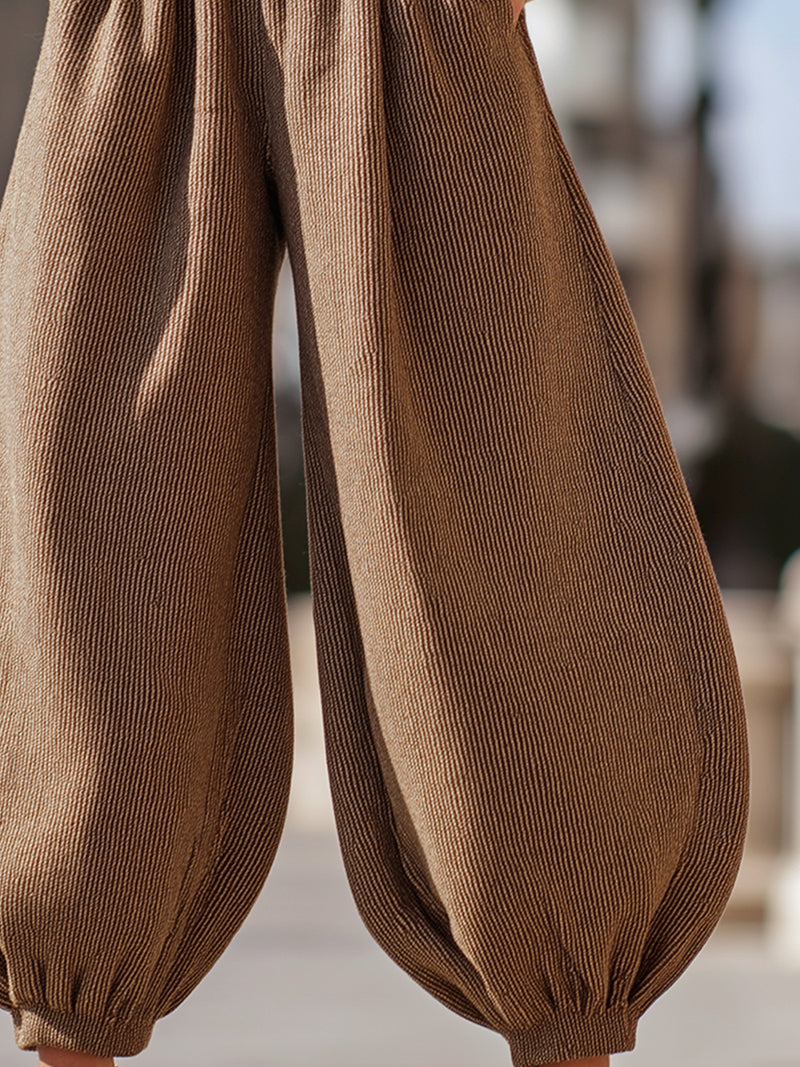 Brown Textured High-Waisted Drawstring Trousers