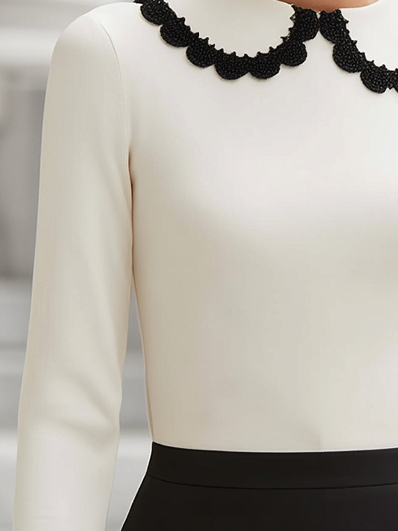 Scalloped Collar Shirt With Contrasting Lace Trim
