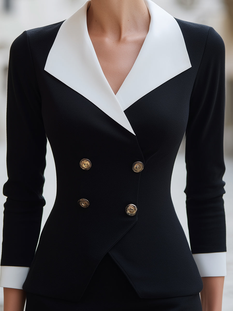 Black And White Double-Breasted Peplum Blazer