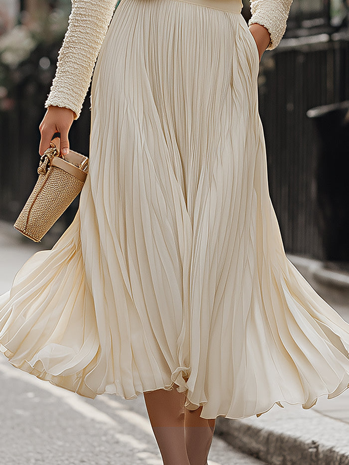 Elegant Cream Chanel-Style Blazer And Pleated Midi Skirt Set