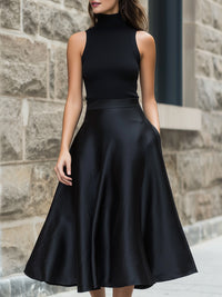 Mock Neck Sleeveless Knit Top & Flared Midi Skirt Two-Piece Set