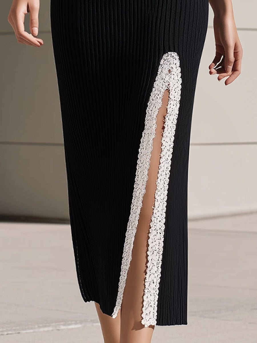 Ribbed Midi Dress With Lace-Trim Deep V-Neck & Side Slit