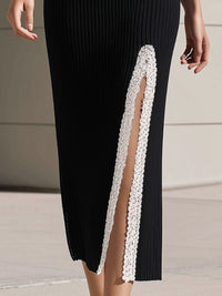 Ribbed Midi Dress With Lace-Trim Deep V-Neck & Side Slit