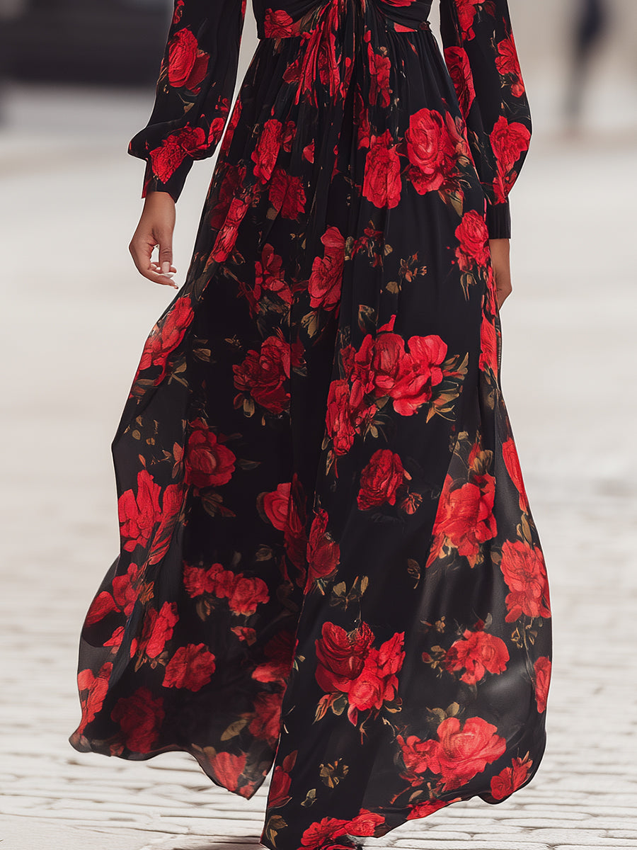Floral Print Maxi Dress With Tie Front