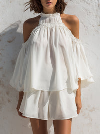 Ruffled Cold-Shoulder Blouse & Flowing Shorts Set
