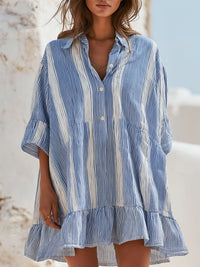 Striped Button-Front Ruffle Hem Shirt Dress