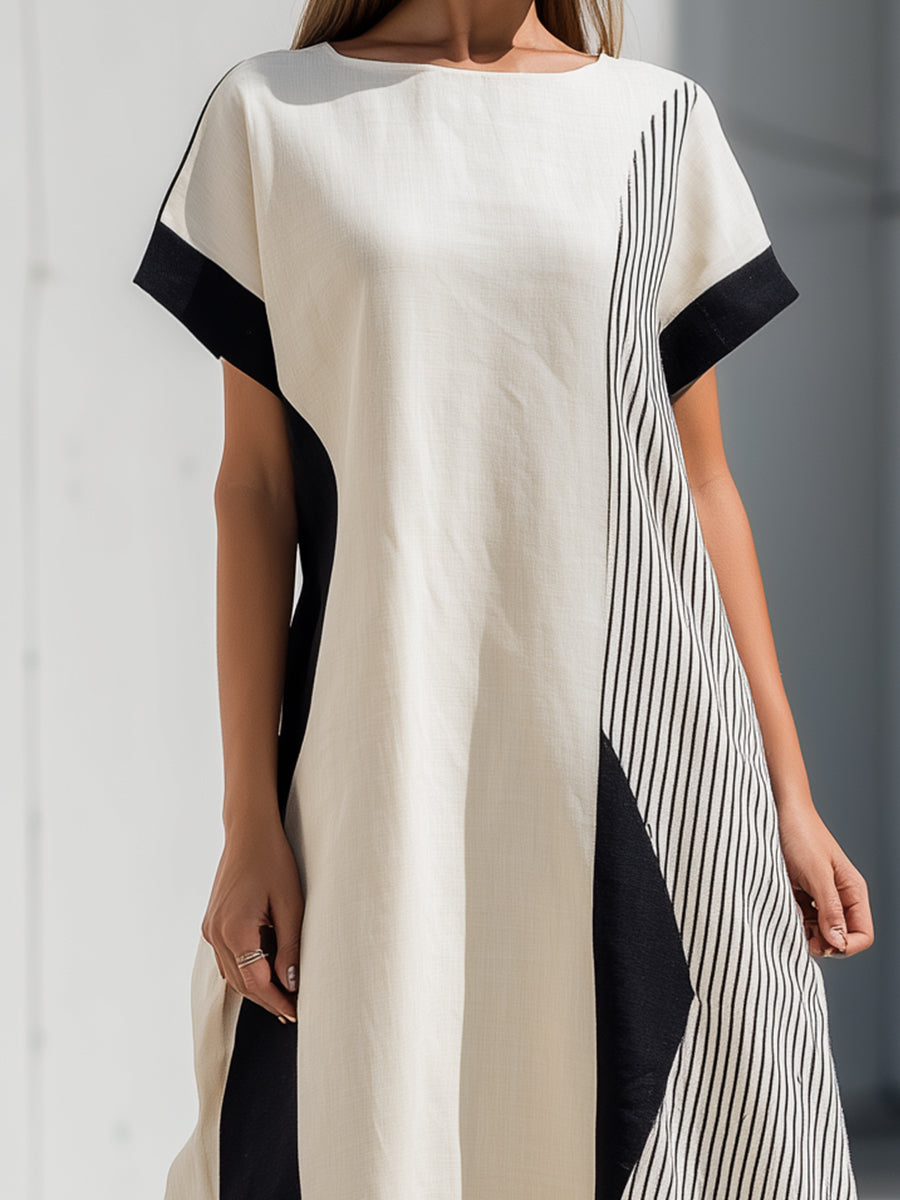 Color-blocked Short-sleeved Square-neck Slim A-line Midi Dress