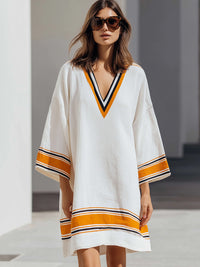 Contrast-Trim V-Neck Kaftan Mini Dress