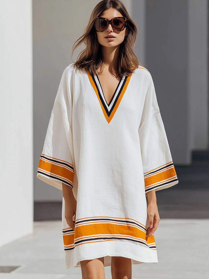 Contrast-Trim V-Neck Kaftan Mini Dress