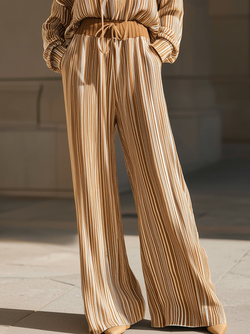 Caramel Beige Striped Loose-fitting Hooded Set