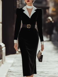 Contrast Collar Velvet Midi Dress