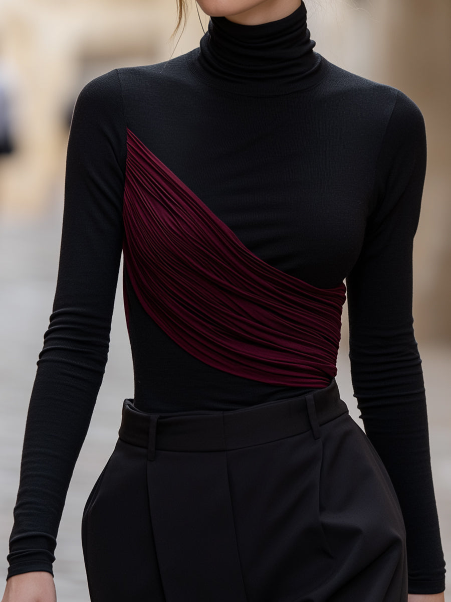 Asymmetric Pleated Panel Turtleneck Top