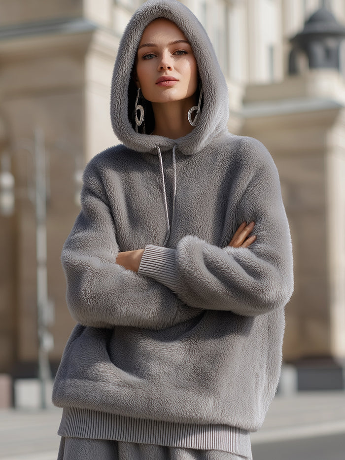 Gray Plush Hooded Pullover