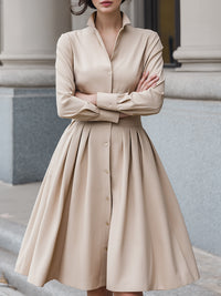 Beige Button-Front Shirt Dress With Pleated A-Line Skirt