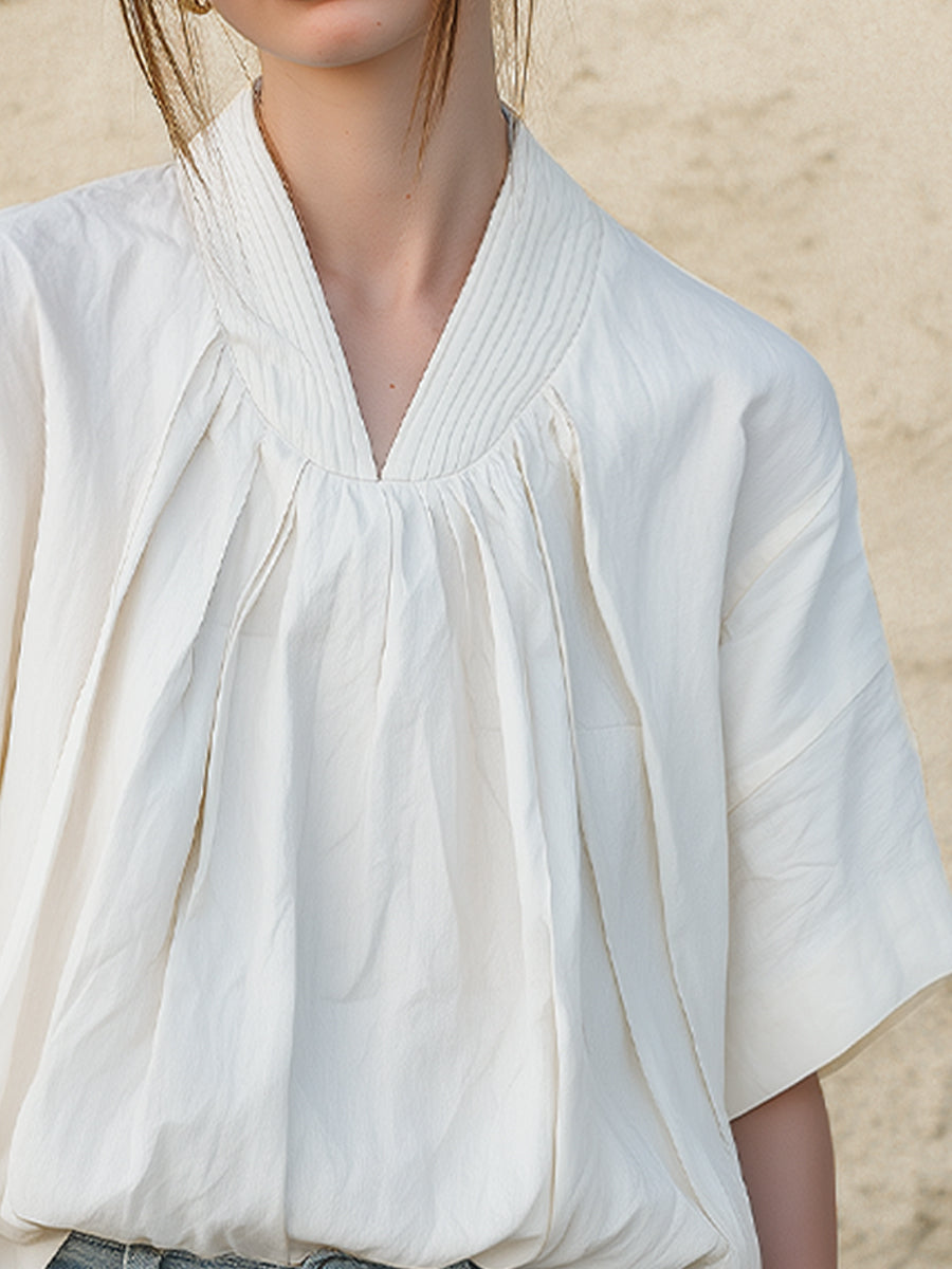 Pleated V-Neck Short Sleeve Blouse