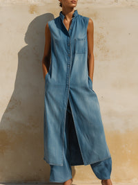 Sleeveless Denim Longline Vest & Wide-Leg Pants Set