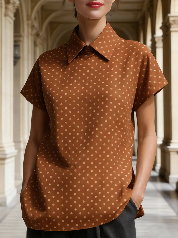 Polka Dot Short-Sleeve Collared Blouse