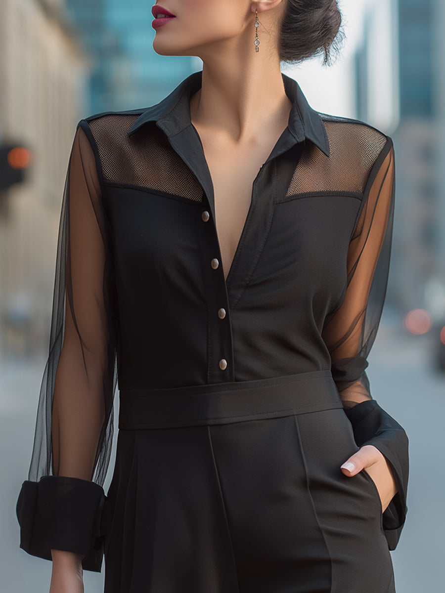 Sheer Panel Button-Front Collared Blouse