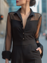 Sheer Panel Button-Front Collared Blouse