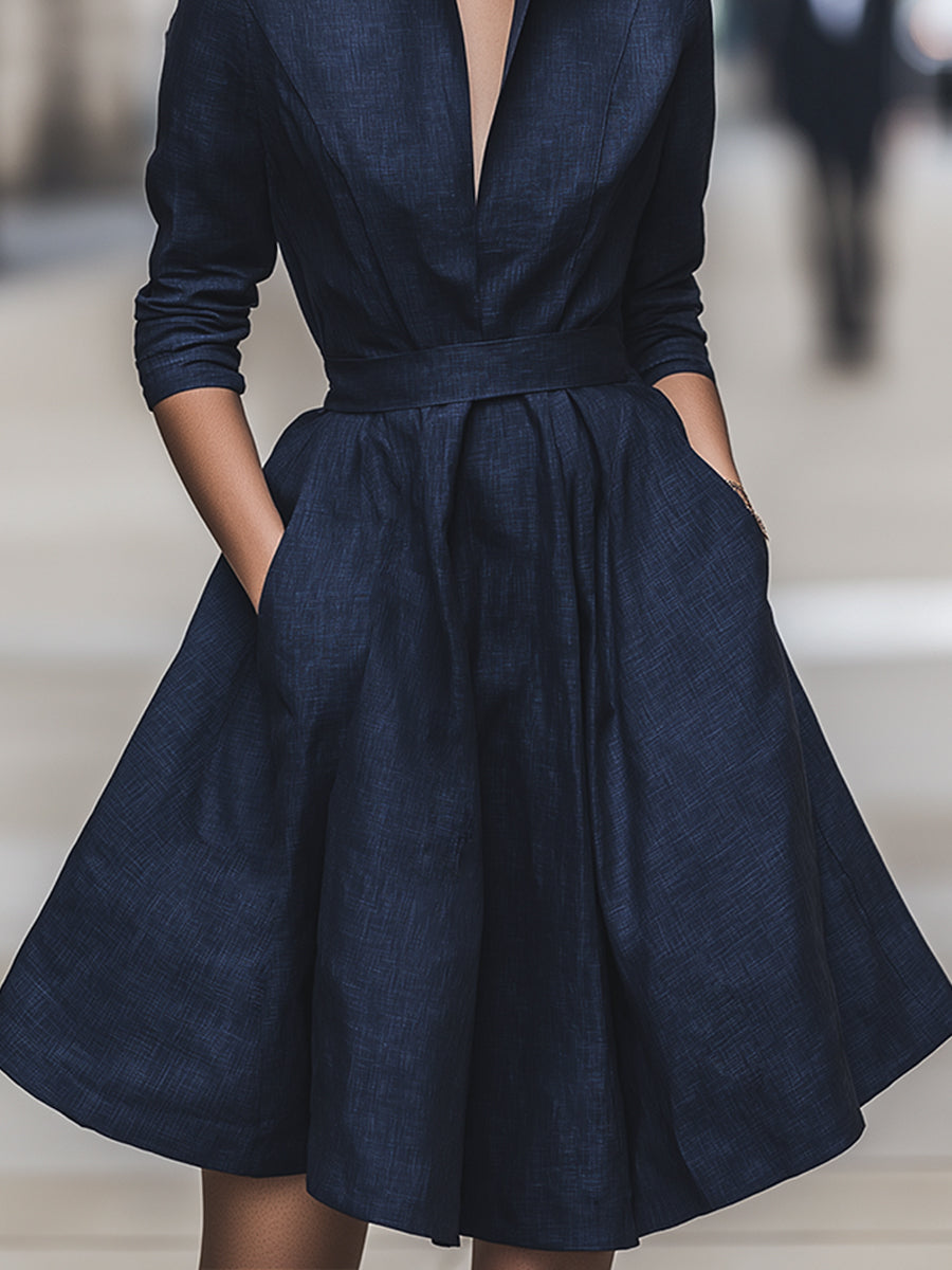 Navy Tailored Fit-and-Flare Dress With Structured Stand Collar