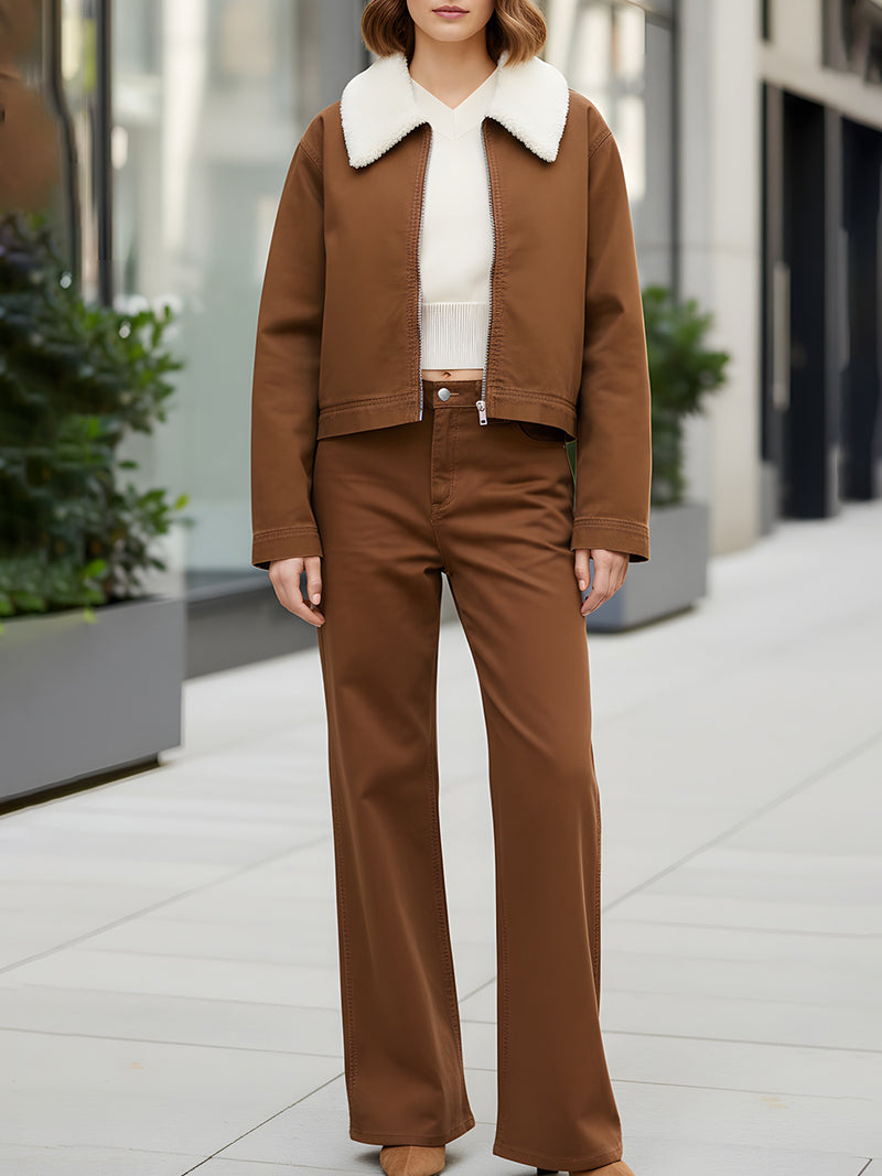 Brown Shearling-Collared Zip-Up Jacket With Wide-Leg Pants