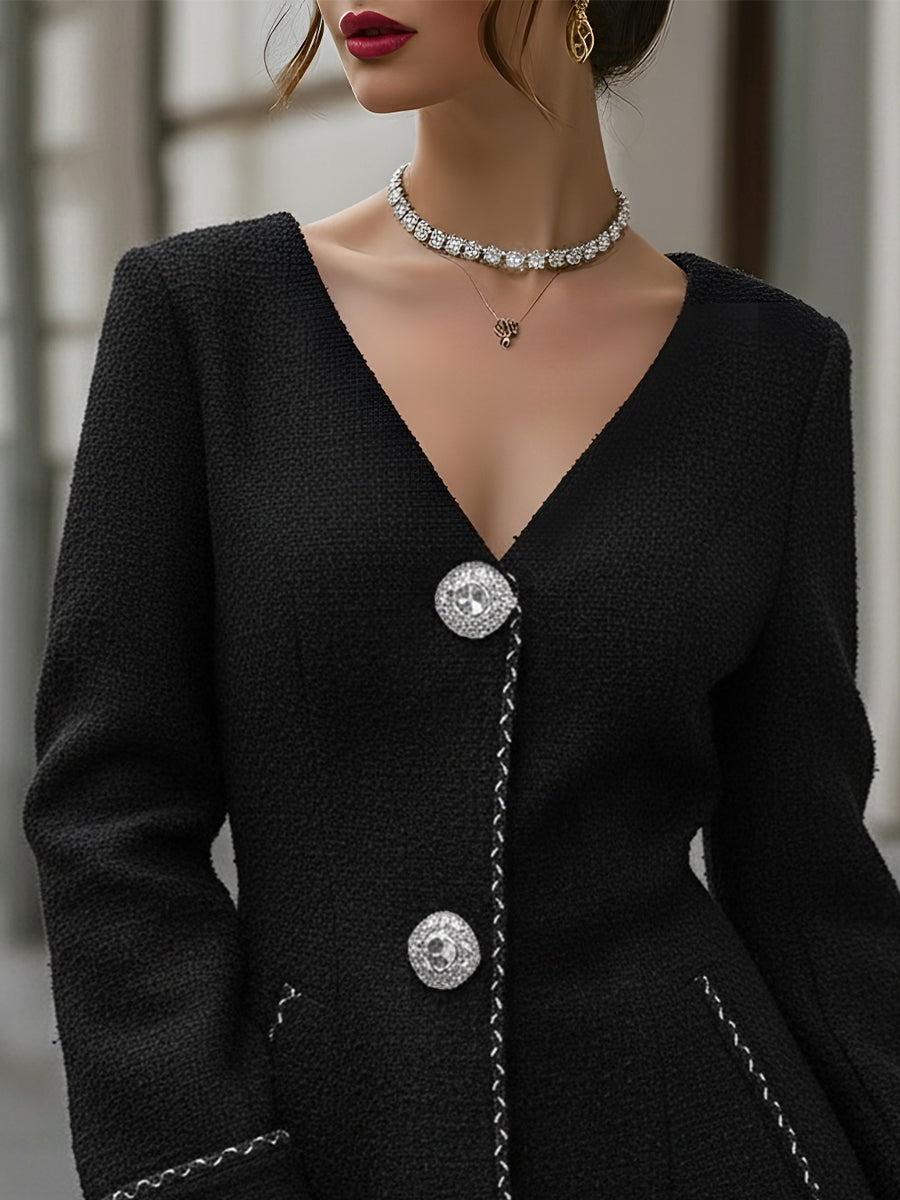 Tweed V-Neck Mini Dress With Statement Buttons