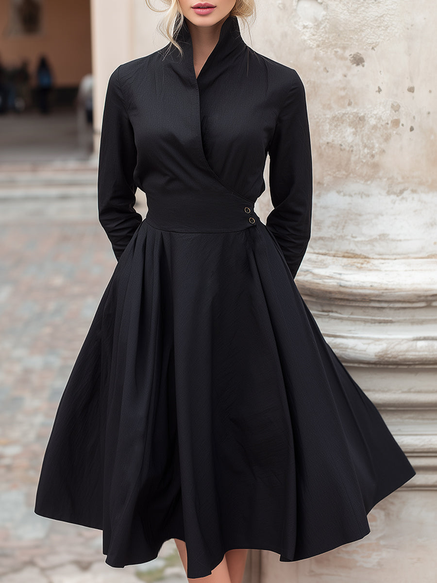 Elegant High-Neck Wrap-Style Midi Dress With Defined Waist