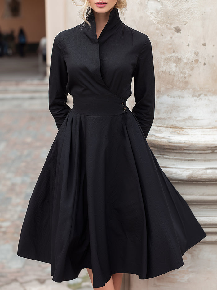 Elegant High-Neck Wrap-Style Midi Dress With Defined Waist