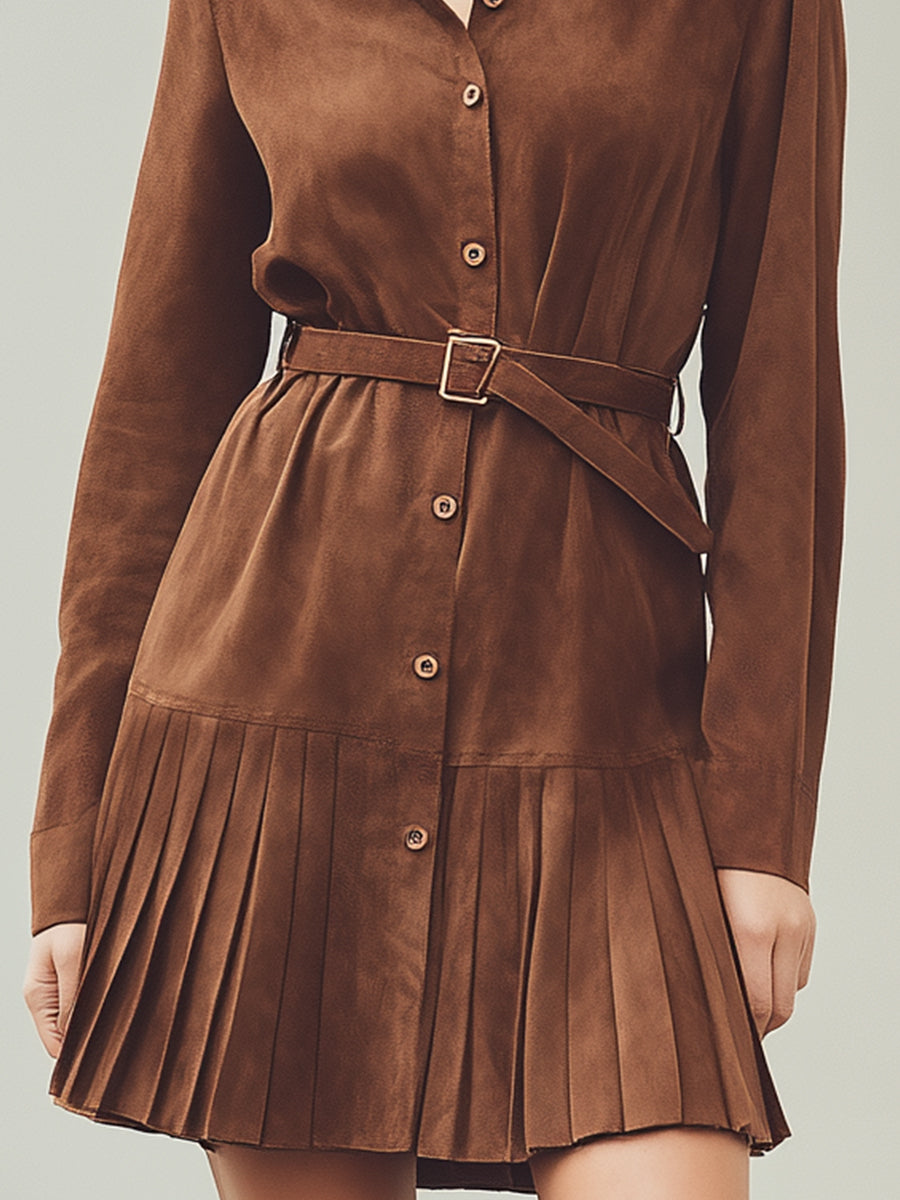 Brown Pleated Suede Shirt Dress With Belt