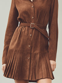 Brown Pleated Suede Shirt Dress With Belt