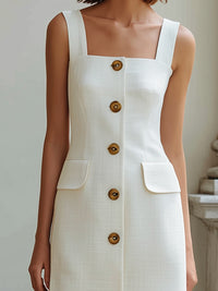 Square Neck Button-Front Sleeveless Midi Dress