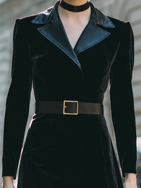 Velvet Midi Dress With Leather Lapel