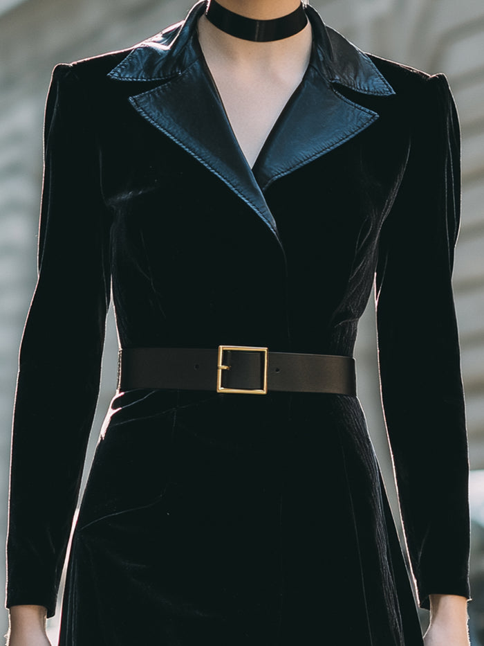 Velvet Midi Dress With Leather Lapel