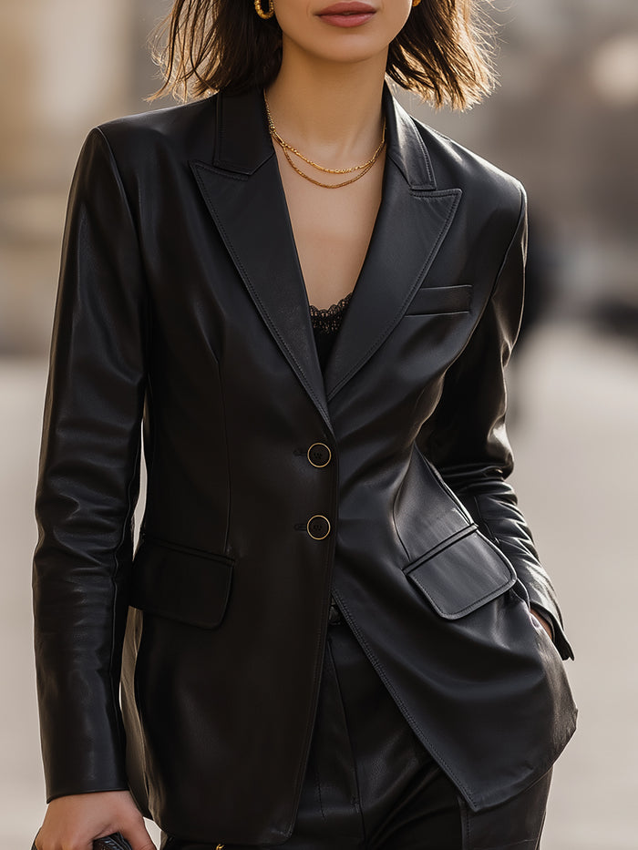 Old Money Style Faux Leather Slim-fit Suit Jacket