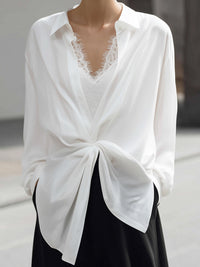 Draped Knot-Front Sheer Chiffon Blouse With Lace Camisole