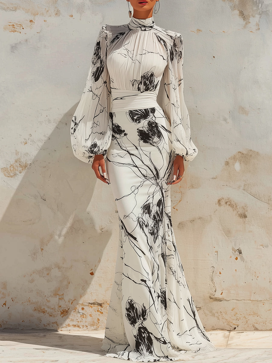 High-Neck Printed Long-Sleeve Maxi Dress