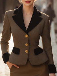 Gold-Button Fine Check Velvet Piping Blazer