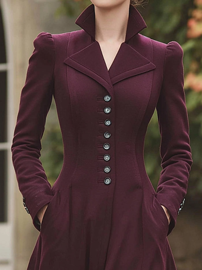 Burgundy Victorian-Inspired Tailored Maxi Coat Dress