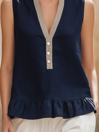 Contrast Trim Sleeveless Ruffle Hem Blouse
